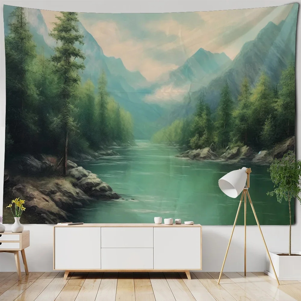 Forest stream water tapestry, wall mounted landscape oil painting tapestry, Bohemian art, living room, bedroom, home decoration