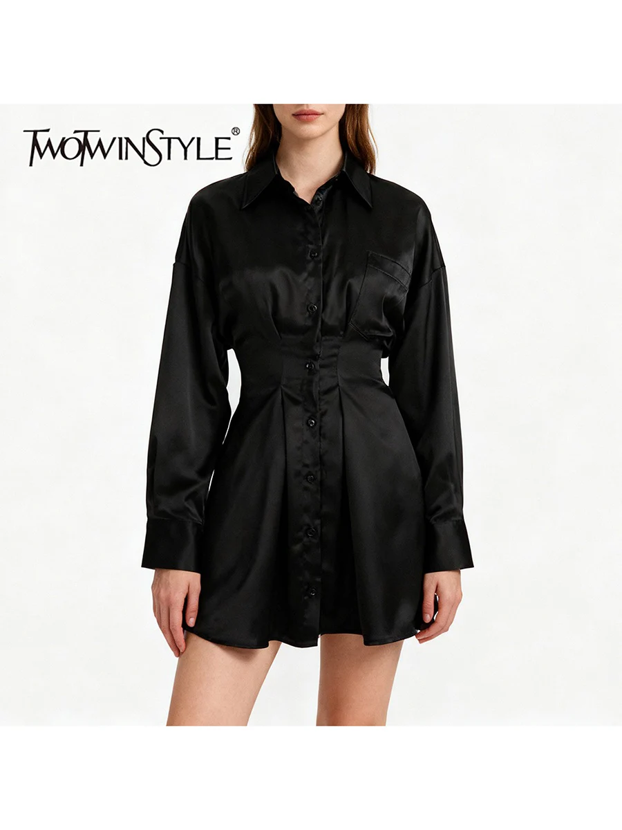 

TWOTWINSTYLE однотонные однобортные базовые платья для женщин, туника с длинными рукавами и лацканами, элегантное мини-платье, женская одежда