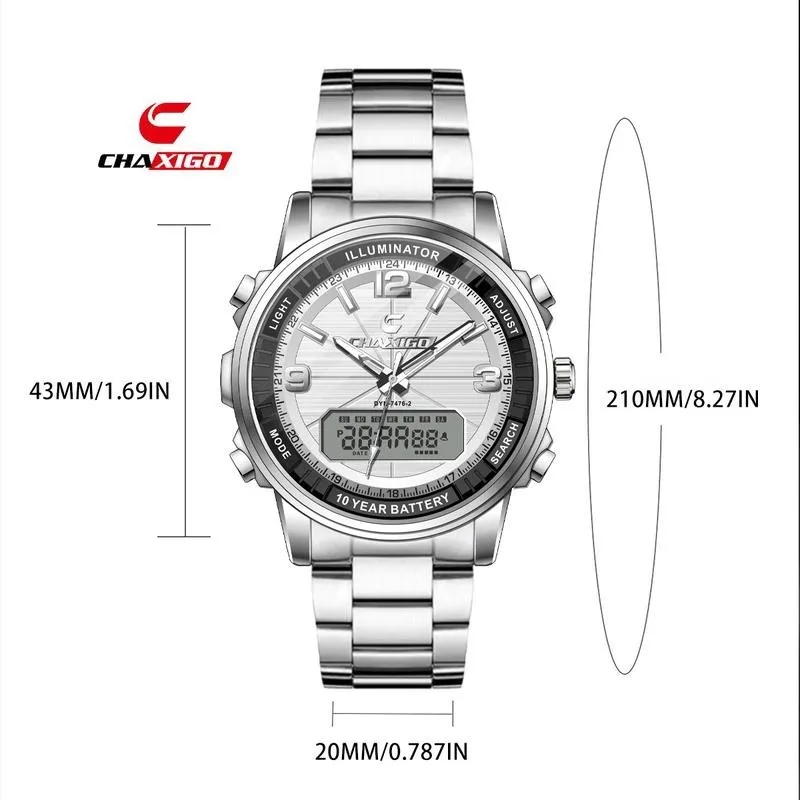 ساعة CHAXIGO للرجال بشاشة عرض مزدوجة بحزام من الفولاذ المقاوم للصدأ 43 ملم تناظرية ورقمية، مقاومة للماء حتى 30 مترًا، مضيئة، متعددة الوظائف