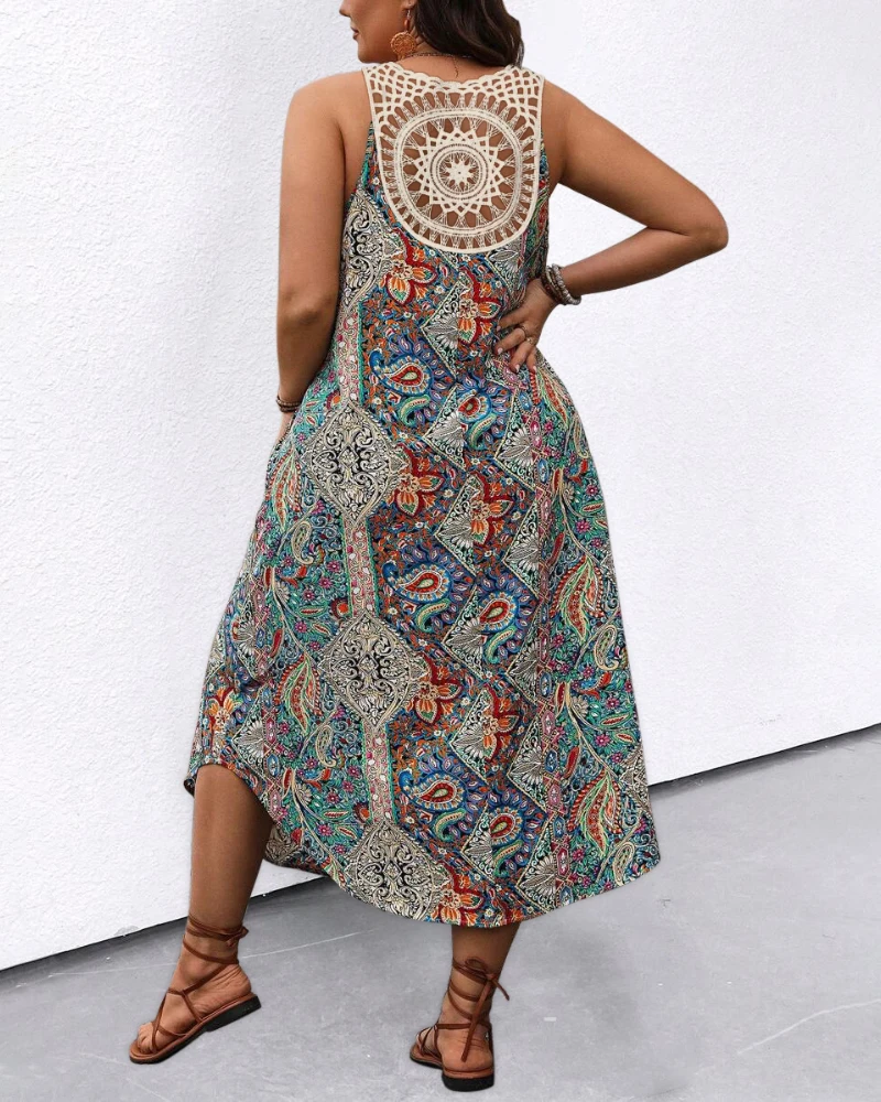 Women's Elegant Dress 2024 Summer Tropical Print Plus Size Floral Print O-Neck Sleeveless Long Dress Casual Hollow-out Dresses