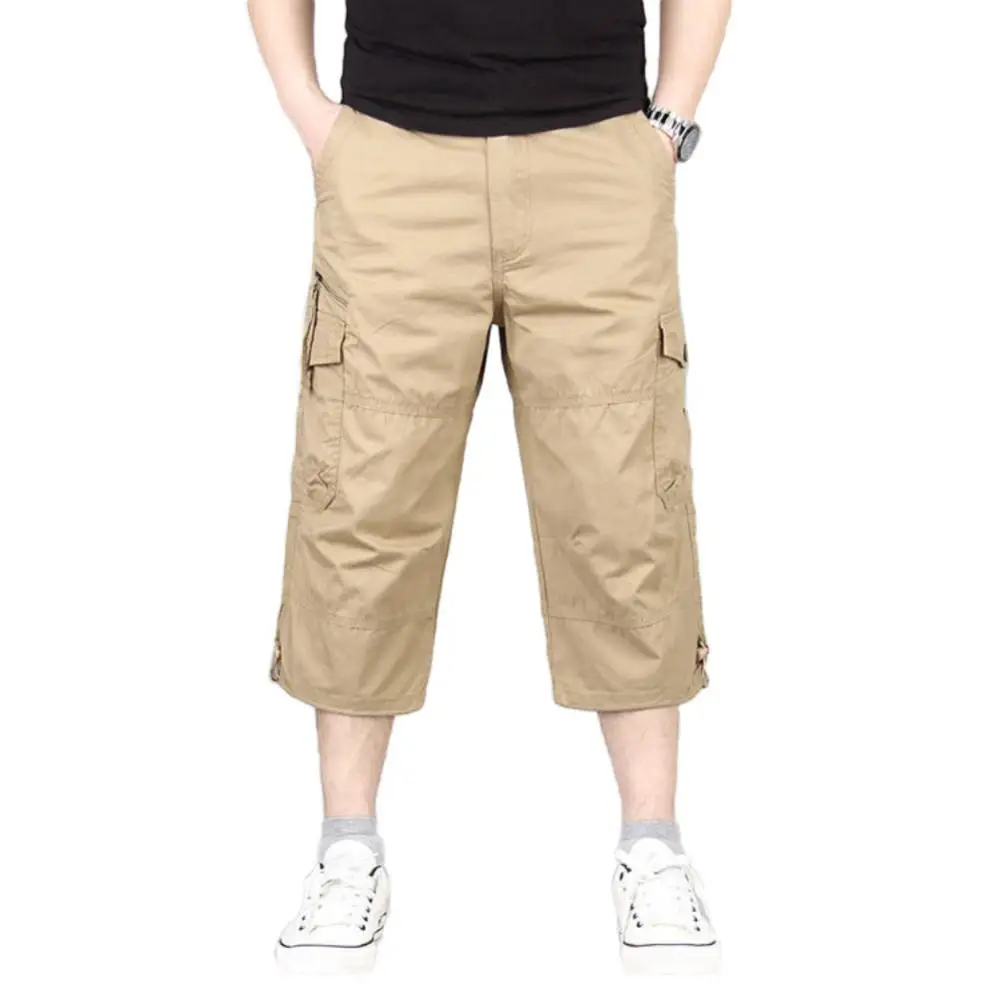 Summer Men\'s Casual Cotton Cargo Shorts Overalls Long Length Multi Pocket Hot breeches Military Pants Male Cropped Pants