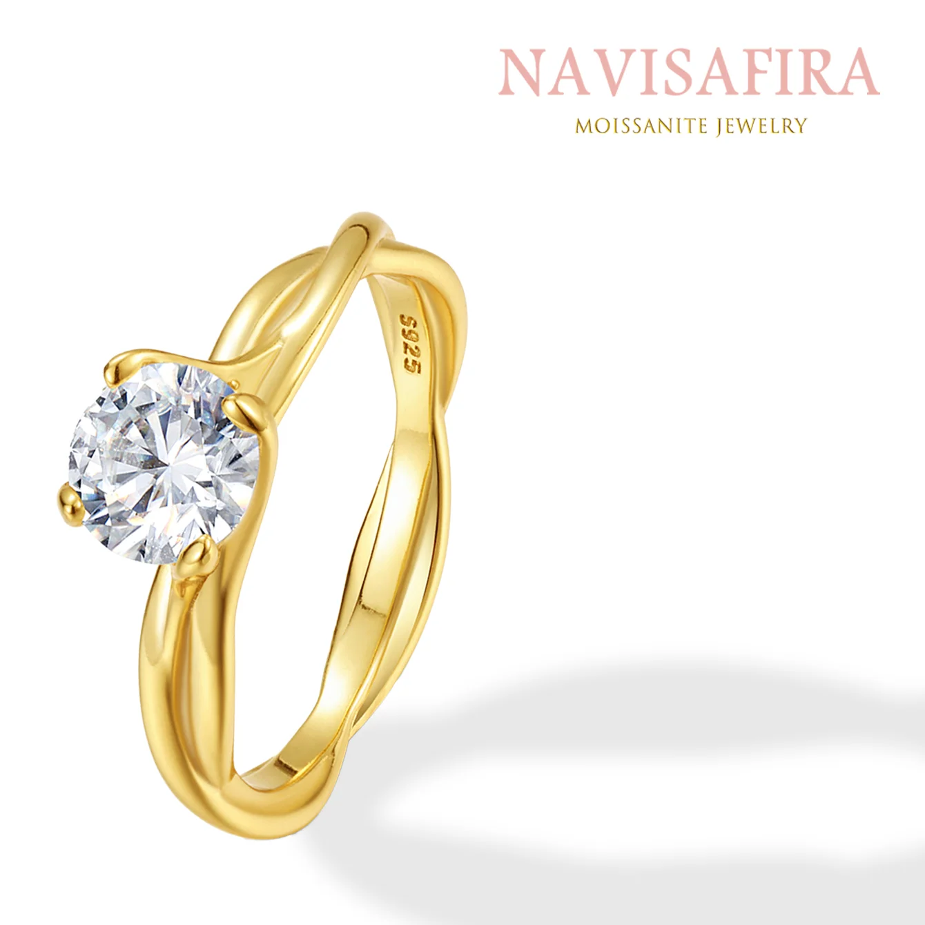 

1Ct S925 Silver Twisted Solitaire Ring – Gold Finish, Four-Prong Moissanite Setting, Elegant Engagement Jewelry