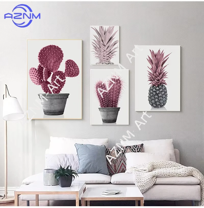 Pintura de piña rosa nórdica, cuadros de pared para decoración del hogar, carteles e impresiones, arte de plantas en maceta de cactus, pinturas en lienzo sin marco, 1 ud.