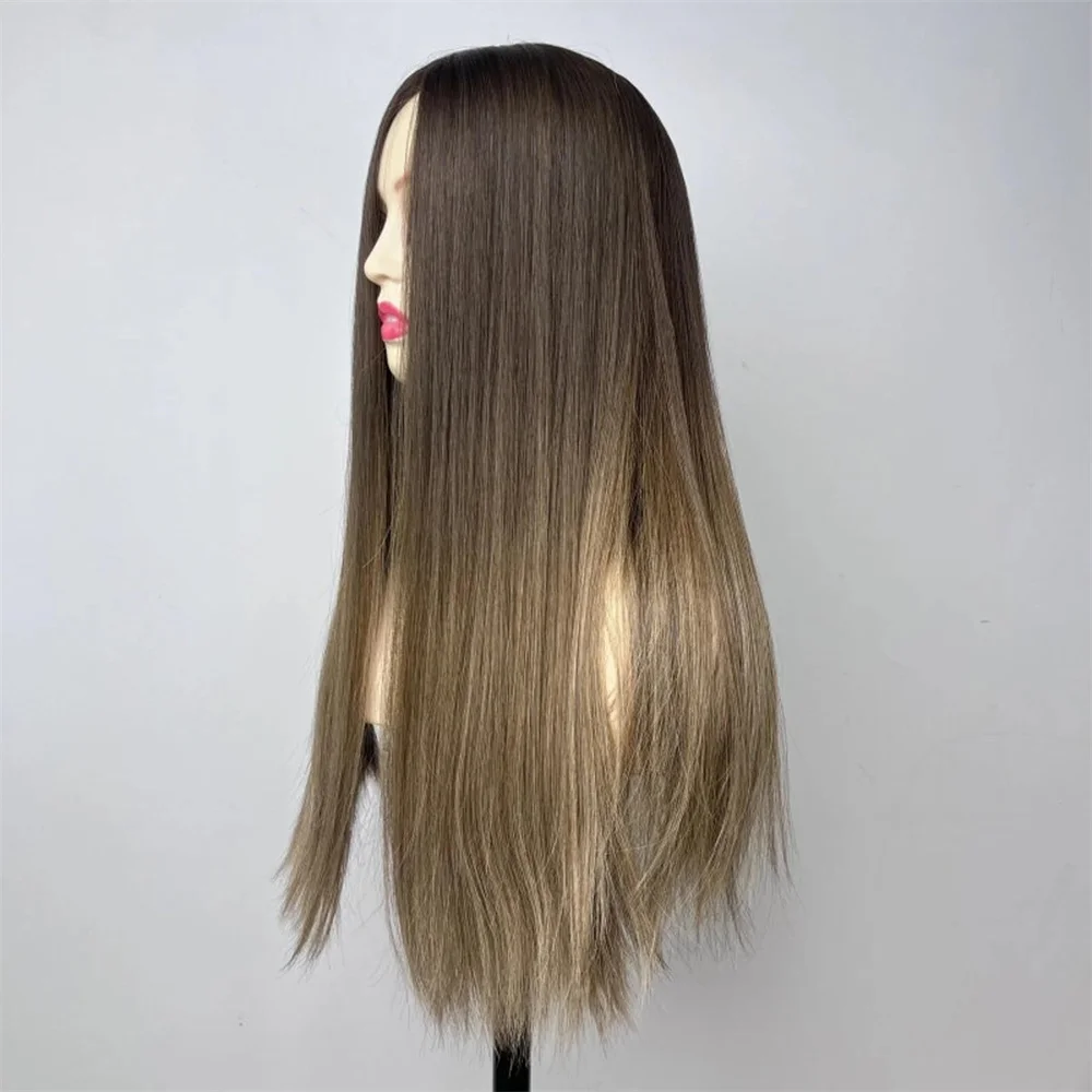 Ombre macio e longo Cabelo humano castanho, base de seda, reto, laço HD, cabelo europeu, sem cola, pré-arrancado diariamente, 28 ", 5x5