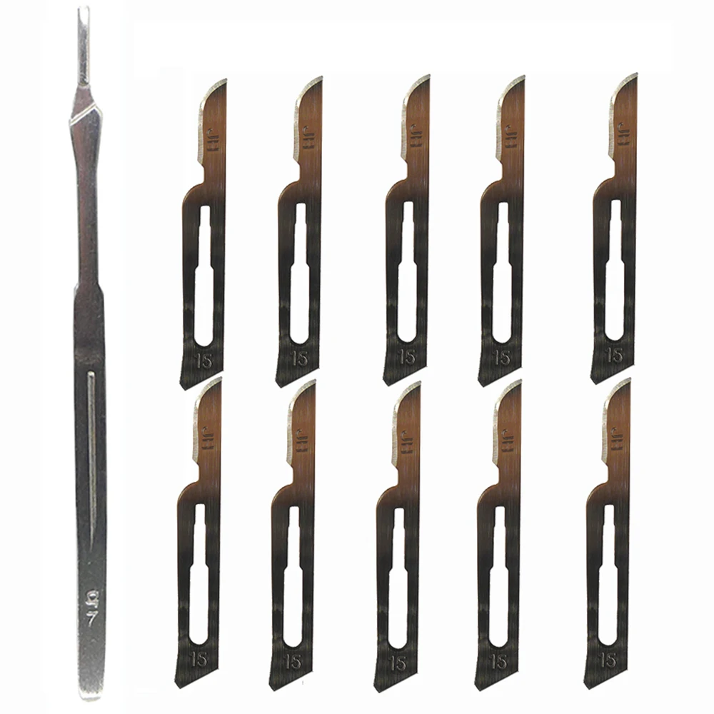 10PCS Carbon Steel Scalpel Blade 10# 11# 15# with No. 7 Long Handle Industrial Cutting DIY Carving Animal Experiment Practice