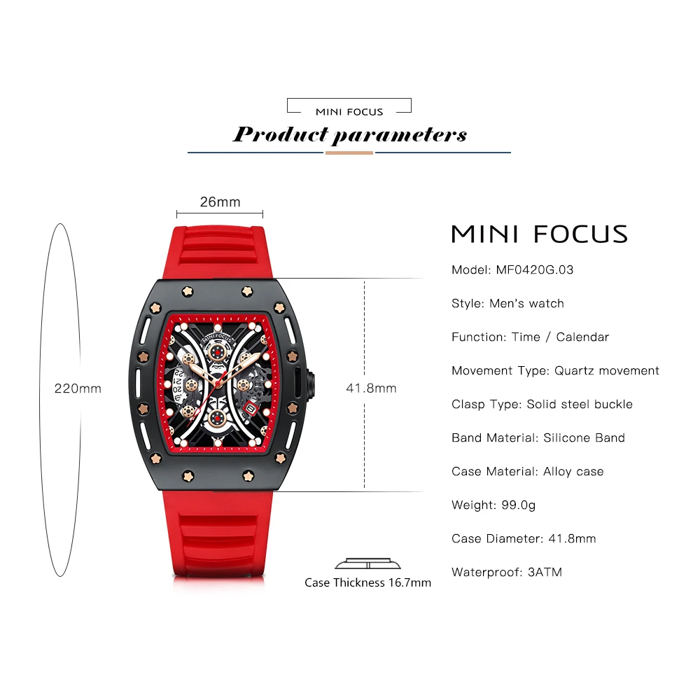 MINI FOCUS متعددة الوظائف ساعة كوارتز عادية رجالي ساعات مقاوم للماء كرونوغراف ساعة معصم مع تاريخ مضيئة الأيدي 0420G