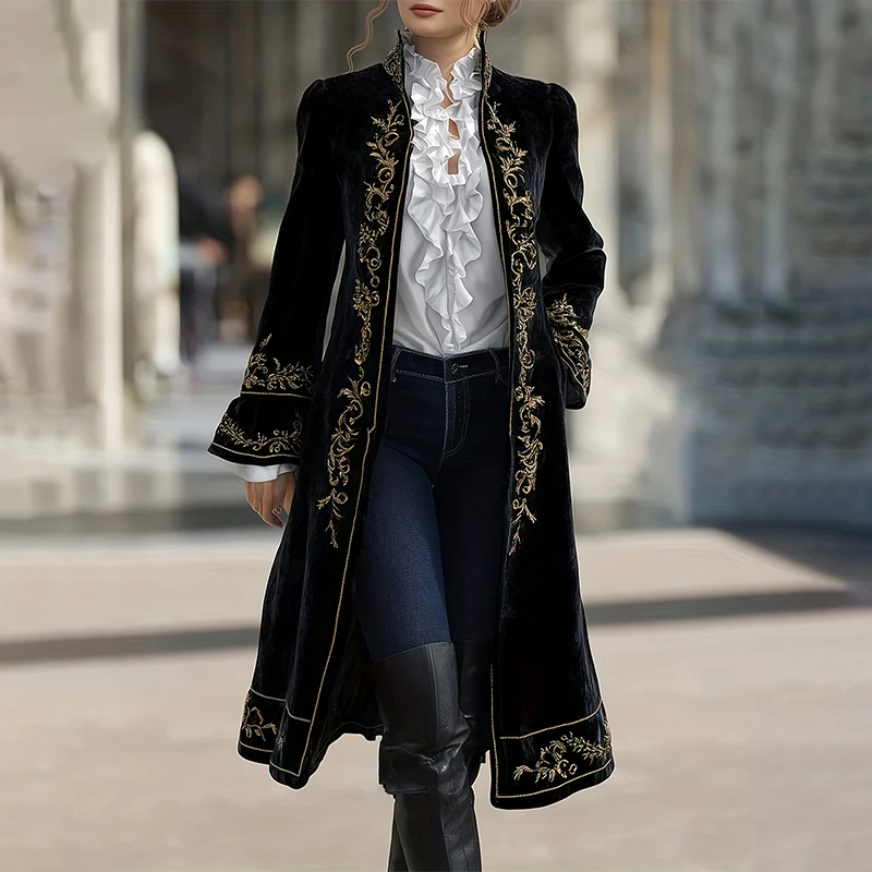 

European American Women's Floral Print Velvet Jacket Slim Fit Single-breasted Flare Sleeve Coat Stand Collar Vintage Suit Jacket