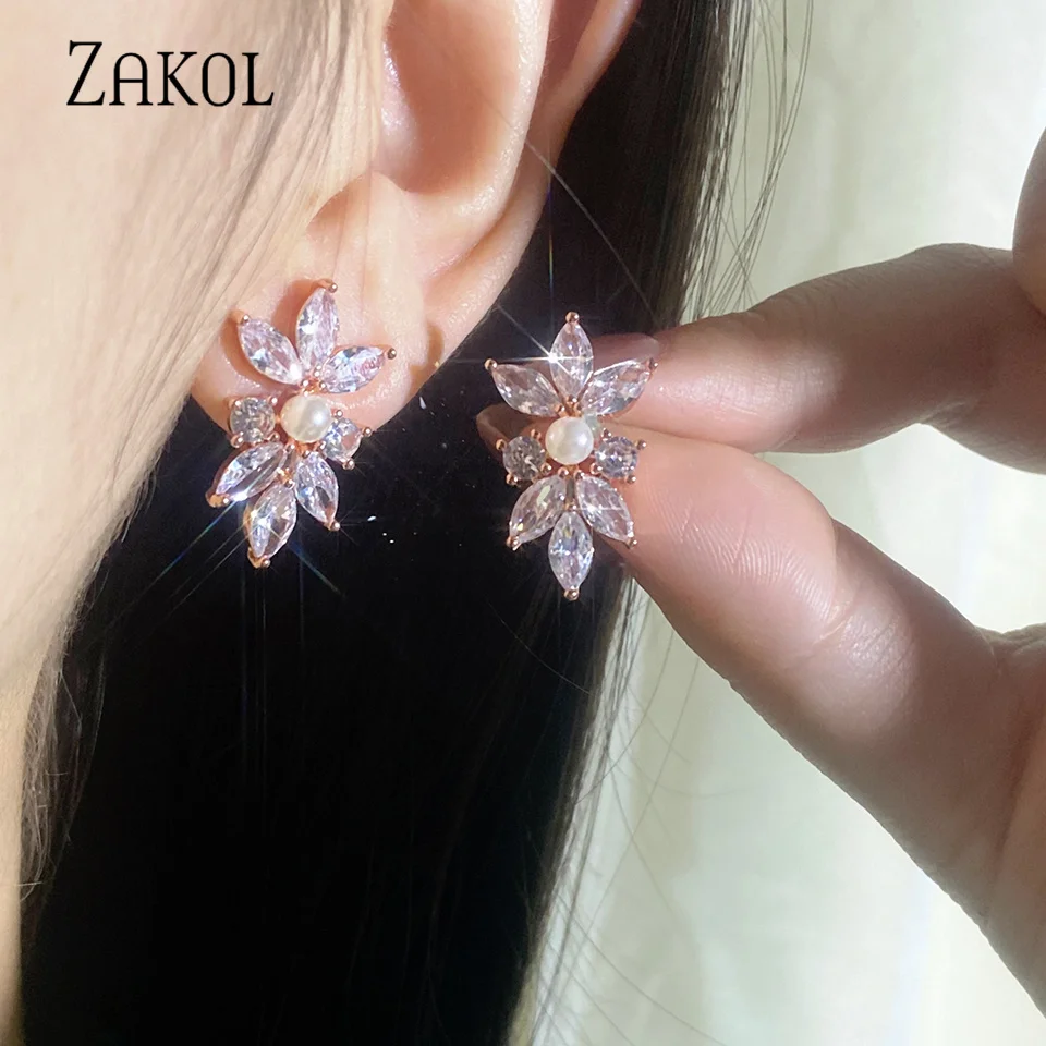 ZAKOL Fashion Simple Copper Alloy AAA Cubic Zirconia Stud Earrings for Women Cute Pearl Leaf CZ Wedding Earring Jewelry EP3156