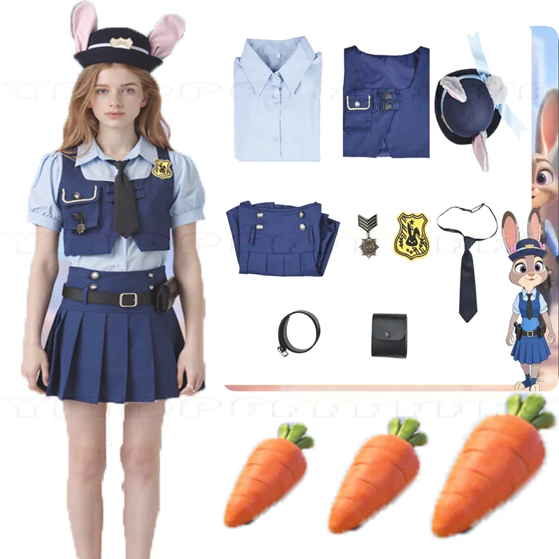 Judy, eine Polizistin, die als Kaninchen dargestellt wird, Cosplay-Set, Vergnügungspark-Outfit, Kaninchen-Kostüm für Erwachsene, Mädchenkleid, JK-Uniform, neu.