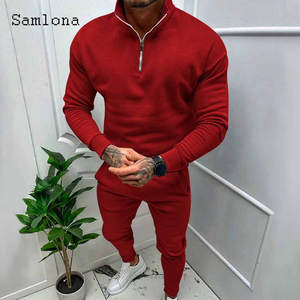 Plus Size Mens Casual Two Piece Sets 2023 Autumn Winter Fashion Zipper Sweatshirt and Solid Khaki Sweatpants Male Tracksuits Set