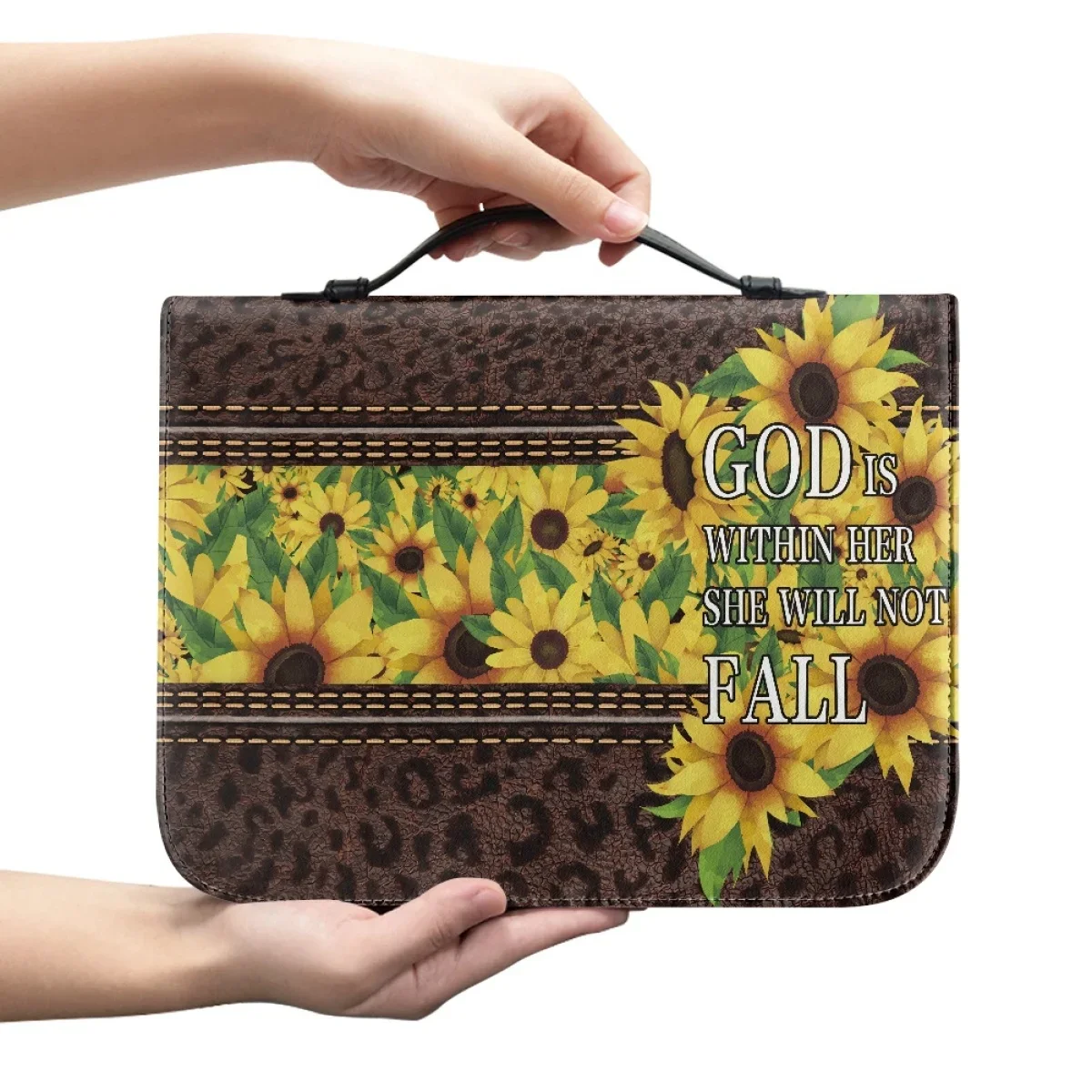 Fashion Sunflower Pattern Print Bible Bag for Women Christian Bible Cover Case Leather Zipper Handle Handbags Bible Storage Bags