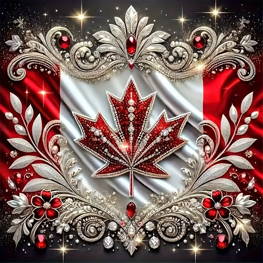 Gorgeous Maple Leaf Emblem Diamond Painting 5D Craft Kit, a Stress-Relief Decoration for Adult Living Rooms
