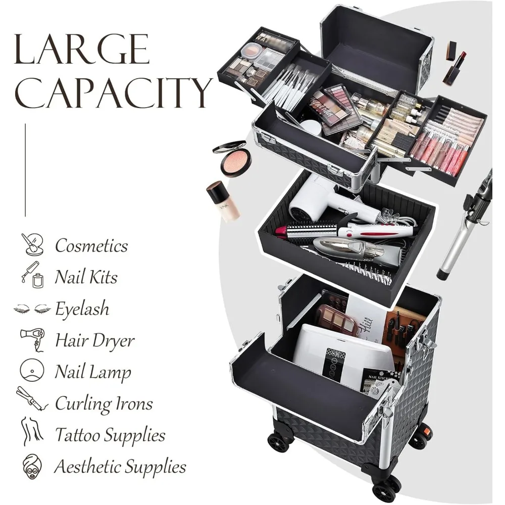Large Rolling Makeup Case with Wheels, 3-in-1 Transformable Cosmetic Trolley for Salon Professionals and Travel