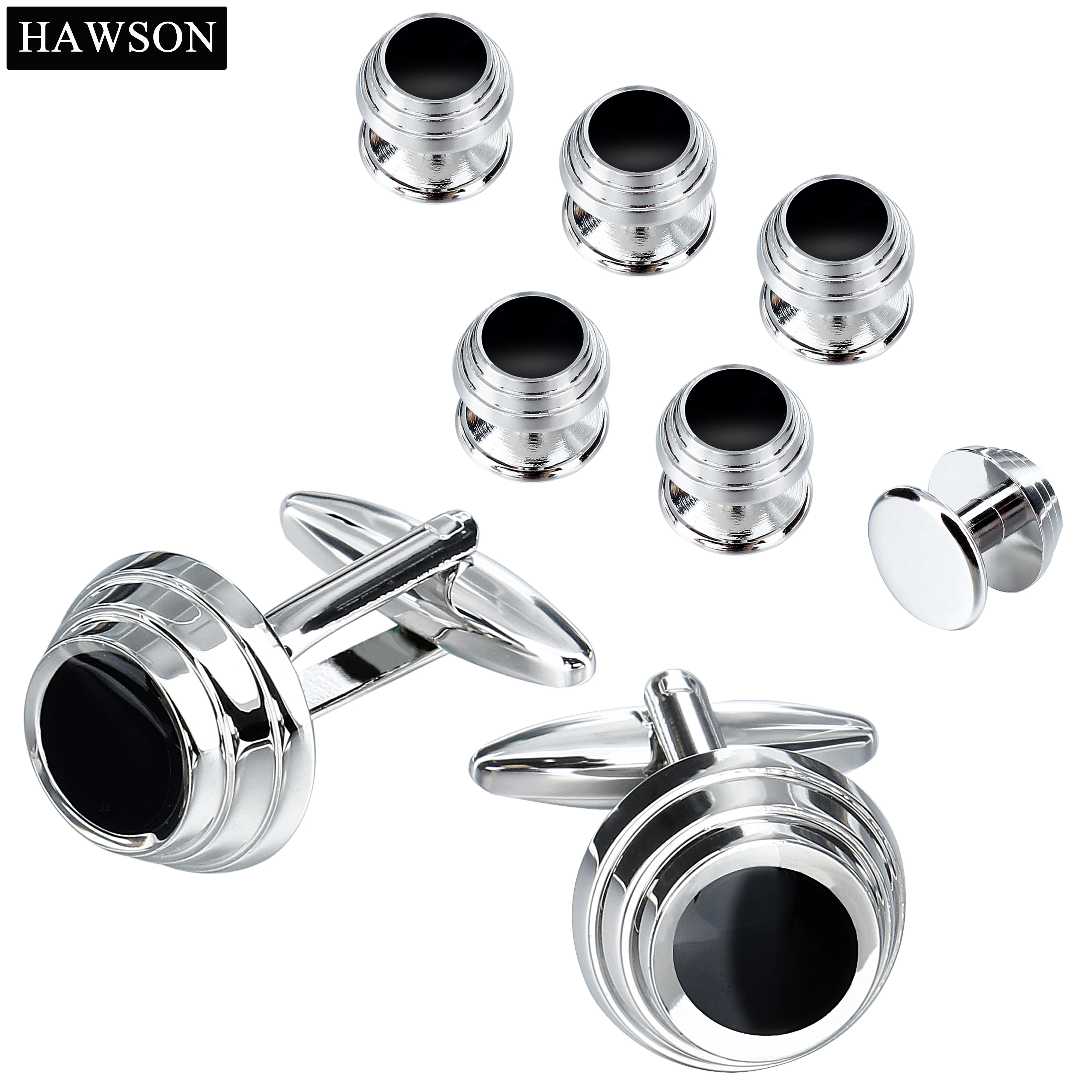 

HAWSON Black Enamel Men's Cufflinks and French Shirt Button Strap Gift Set, Men's Jewellery Accessories, Gifts for Him