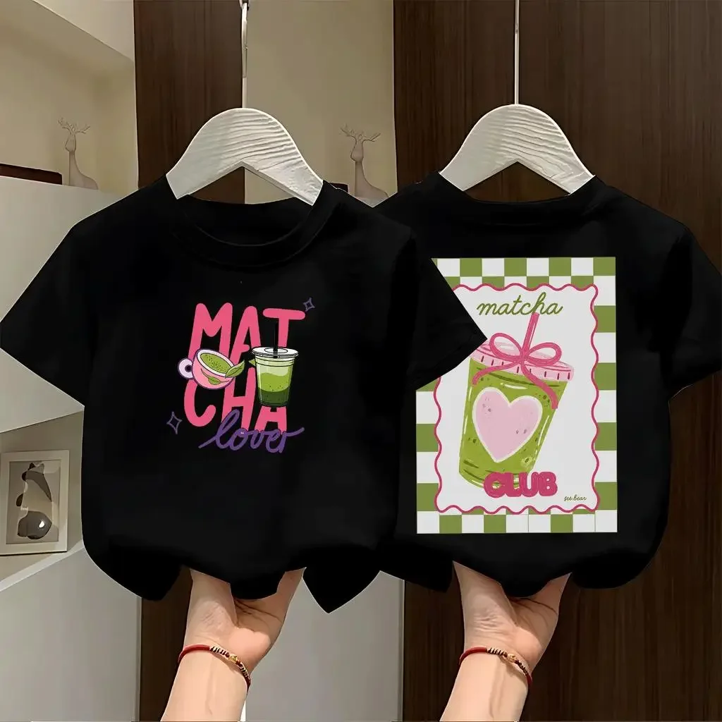 Fashion Girls Cute Drink Print T Shirt Matcha Lover Matcha Club Front Back Graphic Crew Neck Short Sleeve Tees