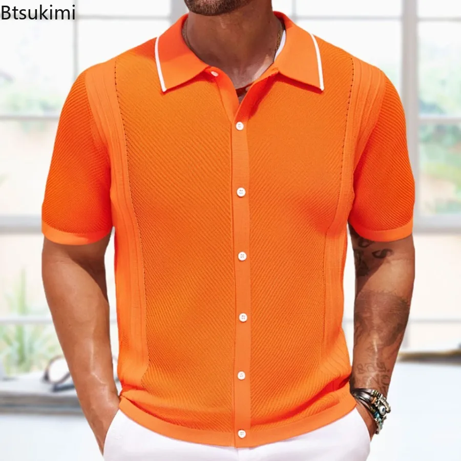 

Summer New Men's Business Leisure Knitted Polo Shirts Fashion Popular Lapel Button-up Cardigans Retro Short Sleeve Knit T-shirts