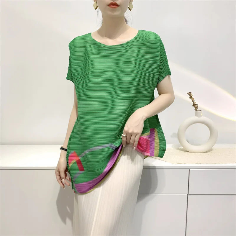 Miyake Summer T-Shirt Pleated Top Irregular 2023 New Printed KK Pleated Fashion Niche Design Sense