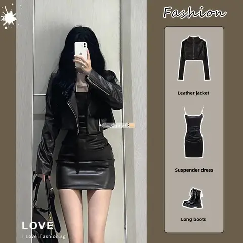 2024 Autumn New Women's Cropped Leather Jacket Tank Dress Slimming Bodycon Skirt Trendy Fashionable Female Dress Set