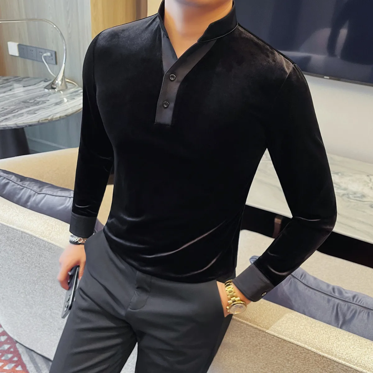 

Высококачественная мужская футболка с v-образным вырезом и длинными рукавами, осень-зима, новая облегающая эластичная бархатная однотонная футболка, мужская одежда 4XL-M