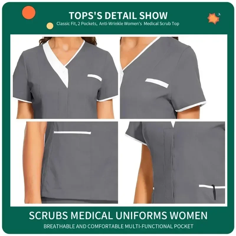 Enfermeira Uniforme Médica com Manga Curta, V-neck Top, Esfoliante Médico Monocromático, Blusa Clínica, Enfermeira e Doutor Roupas