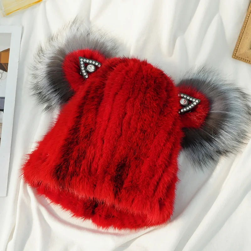 

Winter Hats Woman Mink Fur Hat Warm Plush Cap Solid Color Beanie Caps Woman Accesories Furry Knitted Hats for Women Fur Hat