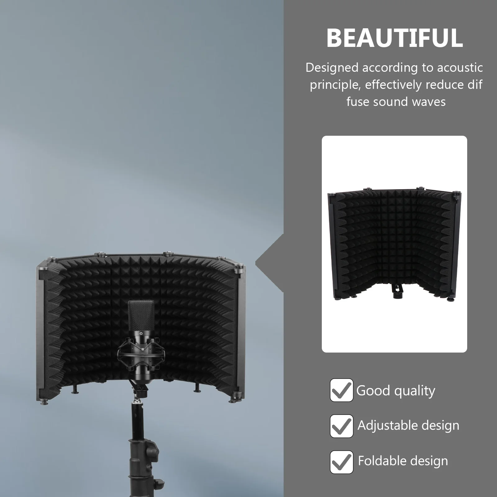 

1pc Microphone Isolation Shield Black Portable Sound Absorber Panel For Recording Studio Video Chat Broadcasting Mic Windproof