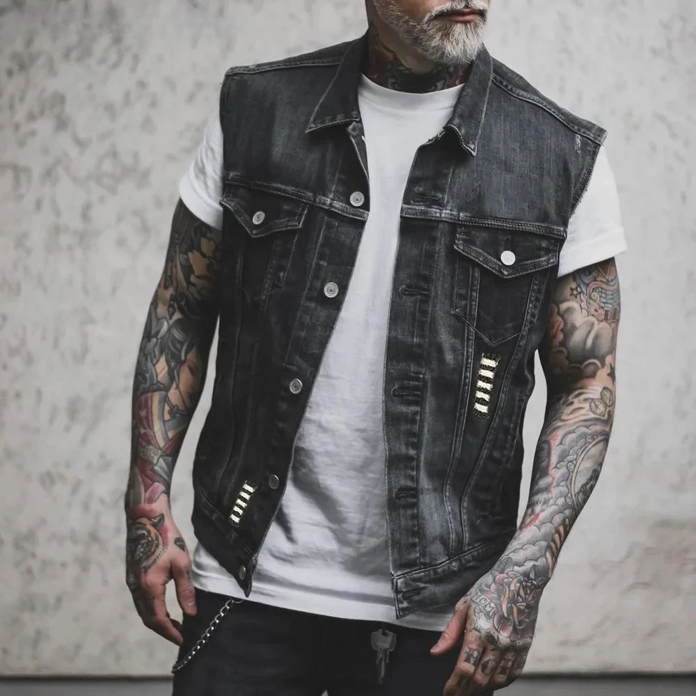 

2026 New Vintage Skull Jean Jacket Men Motorcycle Denim Vest Large Size Fashion Male Spring Summer Autumn Streetwear Waistcoat