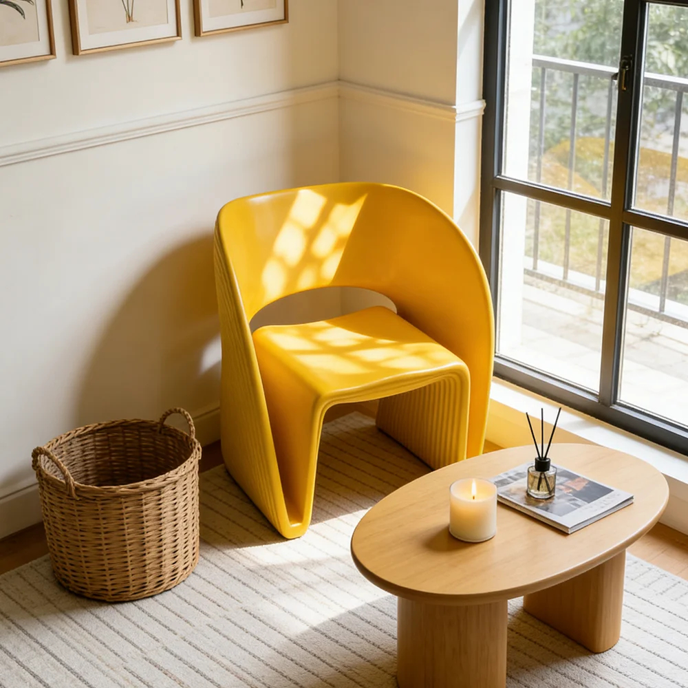 #Chair Yellow Designer Luxury Occasional Seat Unique Hollow Out Ribbed Pedestal Cafe Hotel Lobby Furniture