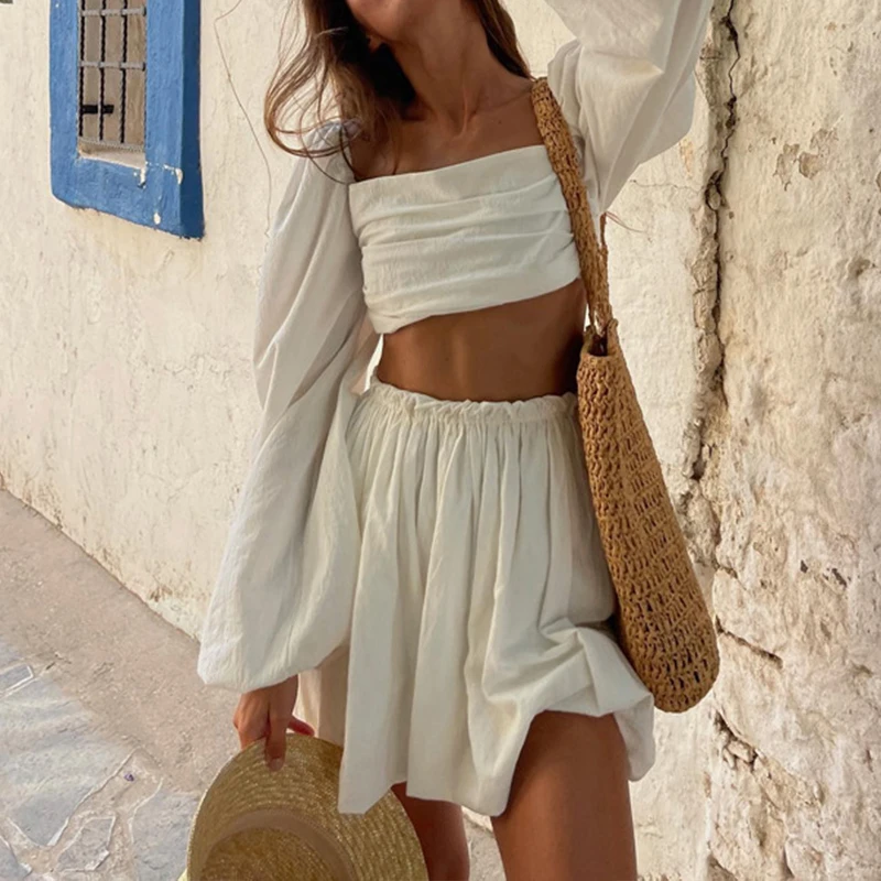 

Ladies Sexy Ruffle Slim Beach Outfits All Match Lantern Sleeve Holiday Set 2Pcs 2025 Summer Elastic High Waist Mini Skirt Suit