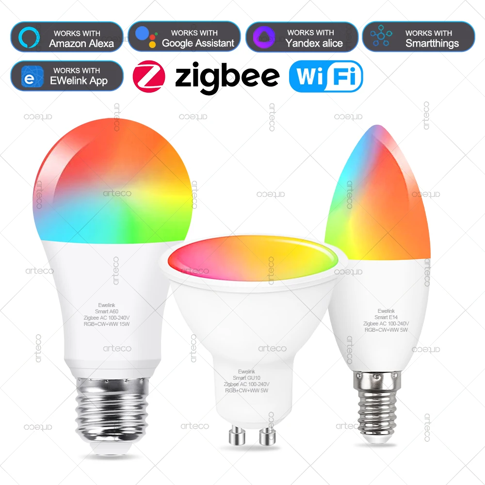 Bombilla Led inteligente WiFi Zigbee E27 E14 GU10 lámpara Led regulable RGBCW para Ewelink Gateway Alexa Amazon Google Yandex Smartthings