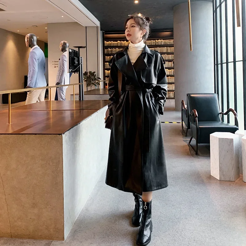 

Spring Black Oversized Long Waterproof Leather Trench Coat for Women 2023 Long Sleeve Loose Korean Fashion Clothing