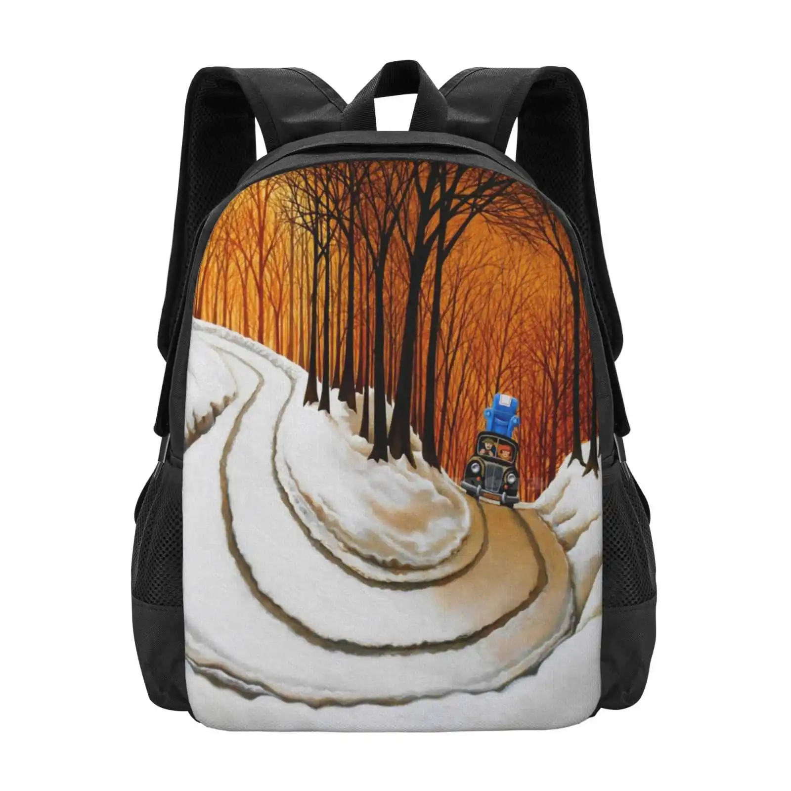 Going On Holiday Large Capacity School Backpack Laptop Bags Winter Woodland Holiday Snowscene Christmas Trees Vintage Car