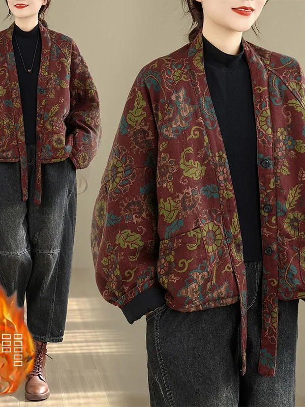 New Chinese Sle Floral Print Loose Fit Cotton Jaet Women's Winter Coat Button up Slimming Top V-Ne Long Sve Thiened