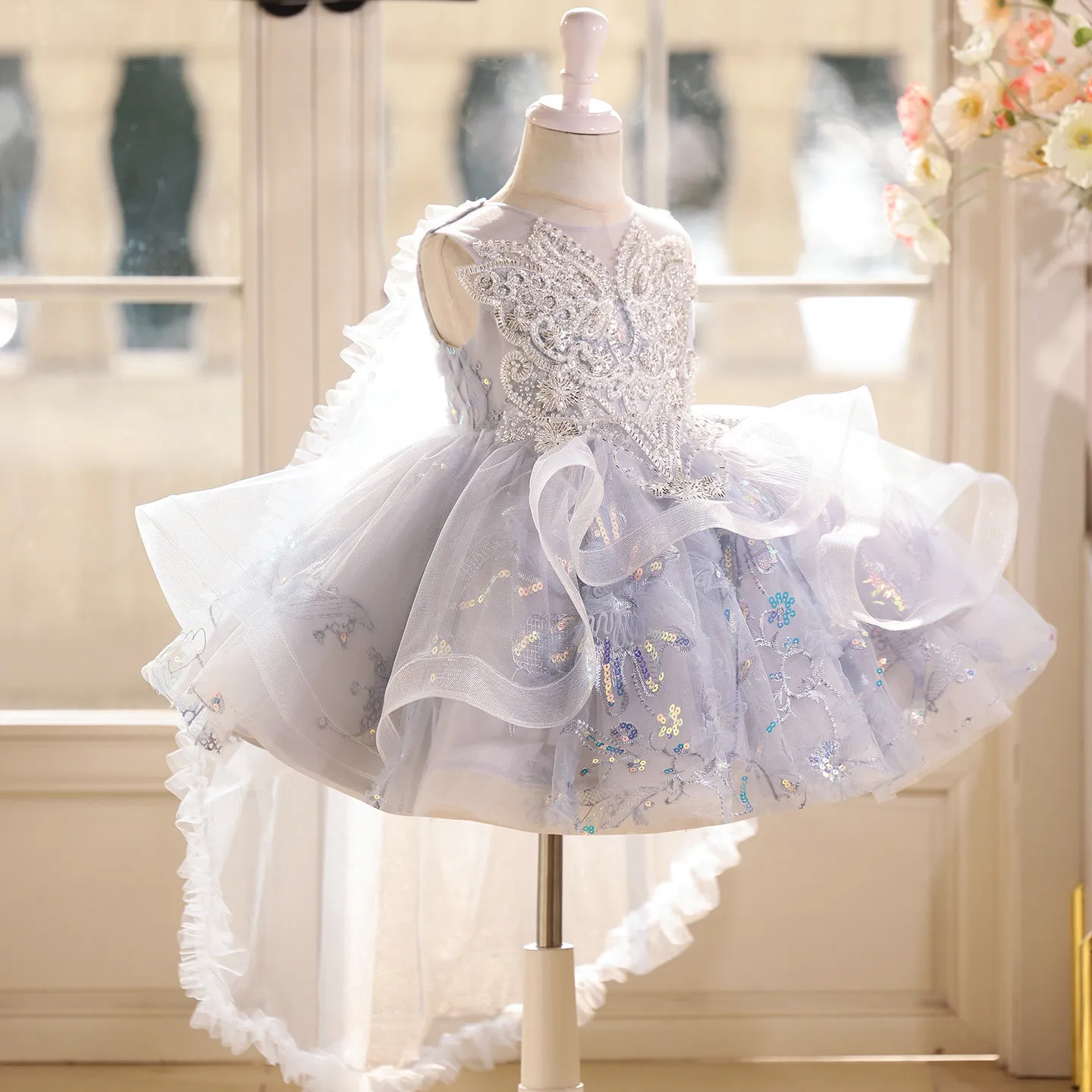 Children's Formal Dress One-Year-Old Baby Girl Birthday Sequin Dress Hundred-Day Banquet Princess Skirt, Flower Girl Tulle Dress