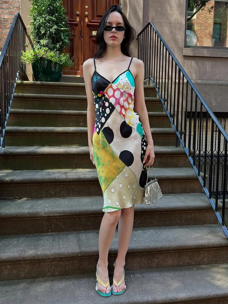 Weird Puss Sexy Colorful Print Dress Women Hottie Fashion Line patchwork Low-Neck Sleeveless Trend Midnight Street Club Bodycon