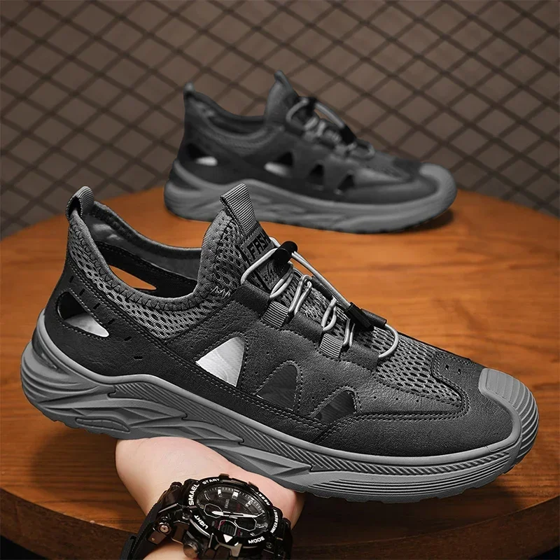 Zapatillas de deporte informales de malla para hombre, zapatillas deportivas transpirables con cordones para exteriores, antideslizantes, nueva moda, verano y otoño