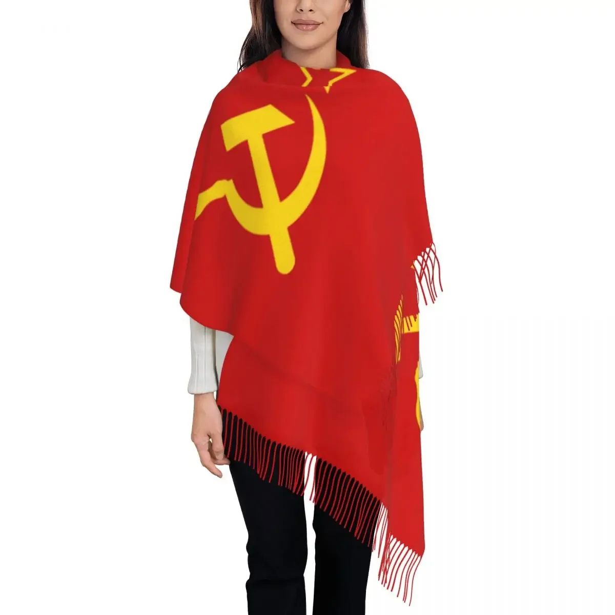 Fashion Retro Russian Soviet Flag Tassel Scarf Women Winter Warm Shawls Wraps Female USSR Hammer and Sickle CCCP Scarves