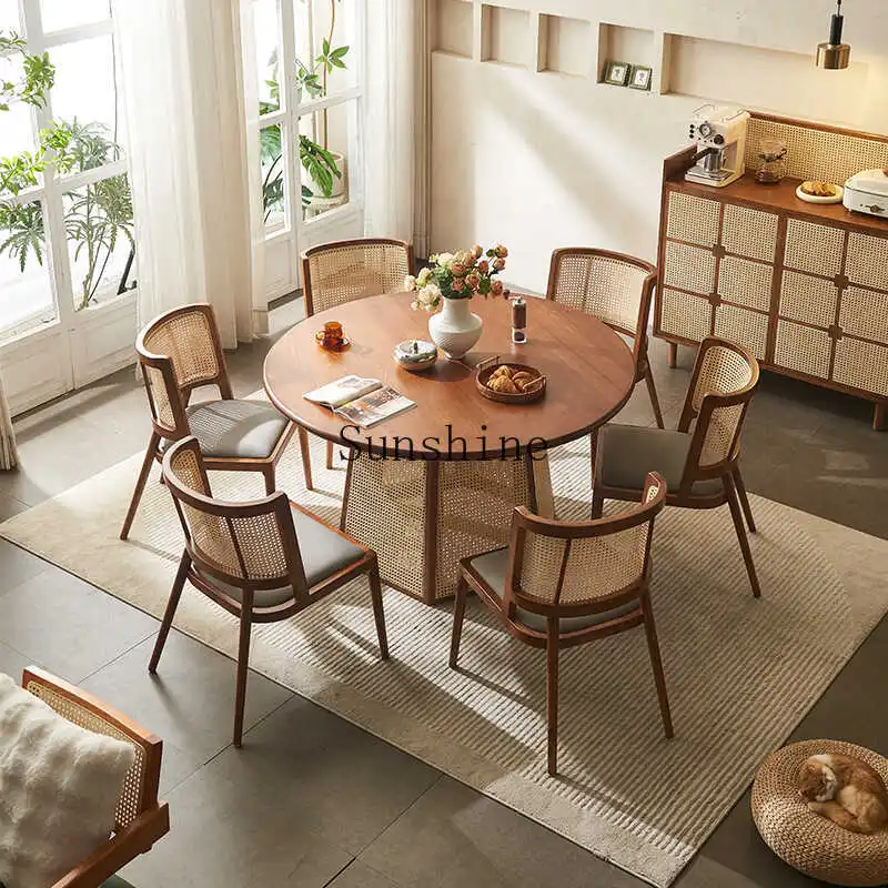 

Nordic rattan solid wood creative Japanese home restaurant round table B & B hotel dining chair combination