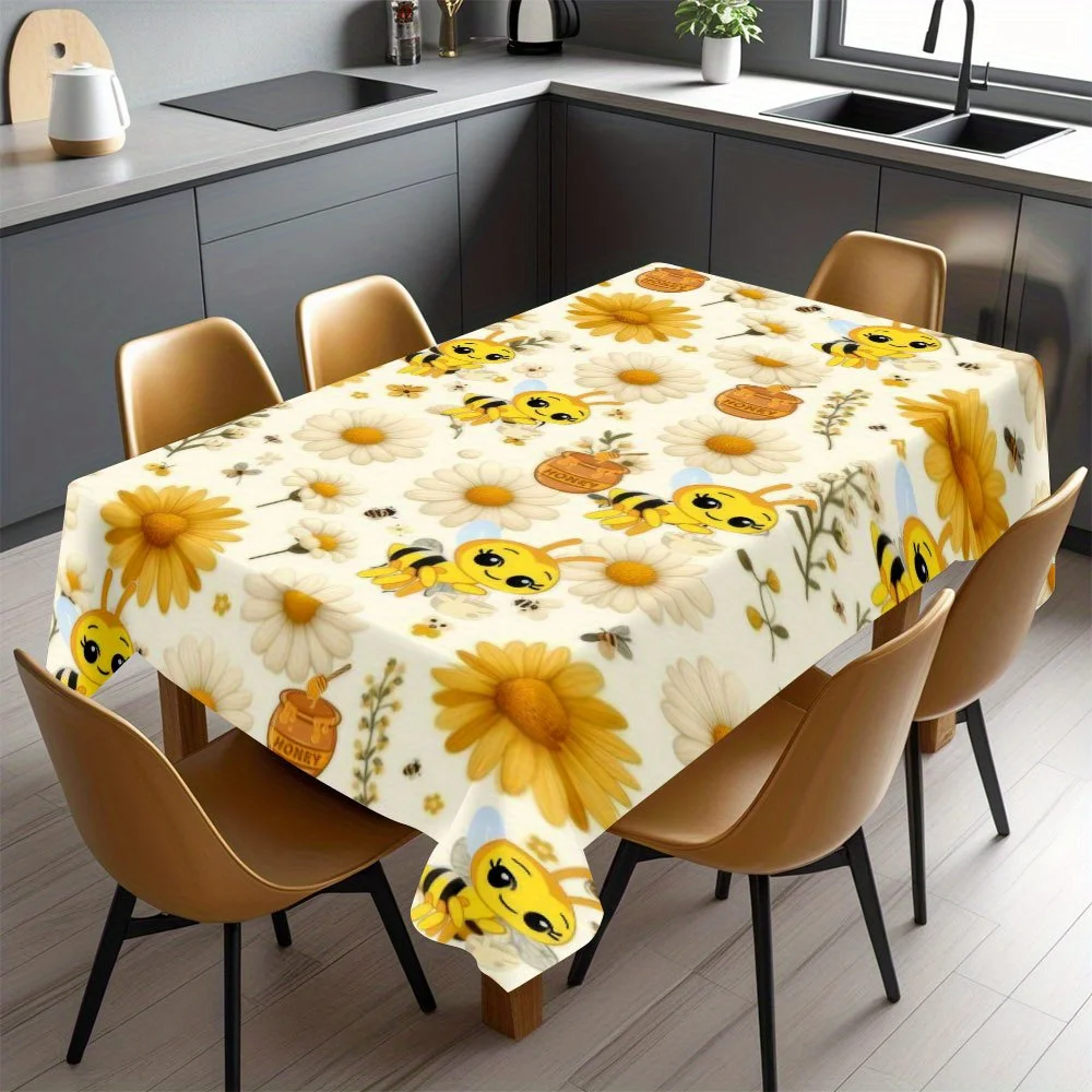 Floral Tablecloth, Cartoon Bee Sunflower Honey Pot Pattern Cover,Waterproof Table Cloth for Dining Table,Spring Party Decoration