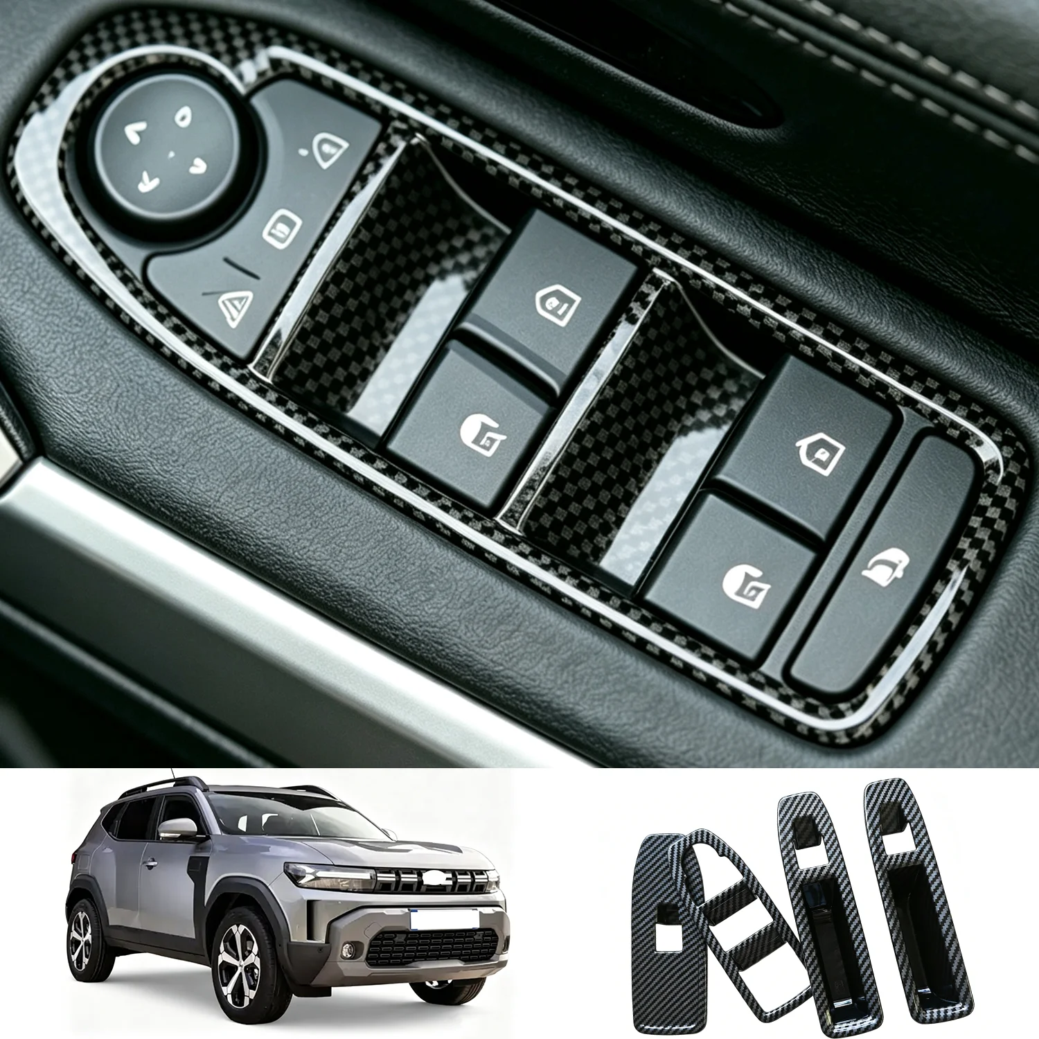 4pcs/set Carbon Fibre Door Window Lift Button Trim Door Covers Trim For Dacia Duster 2024-2027/ for Dacia Bigster 2025-2027
