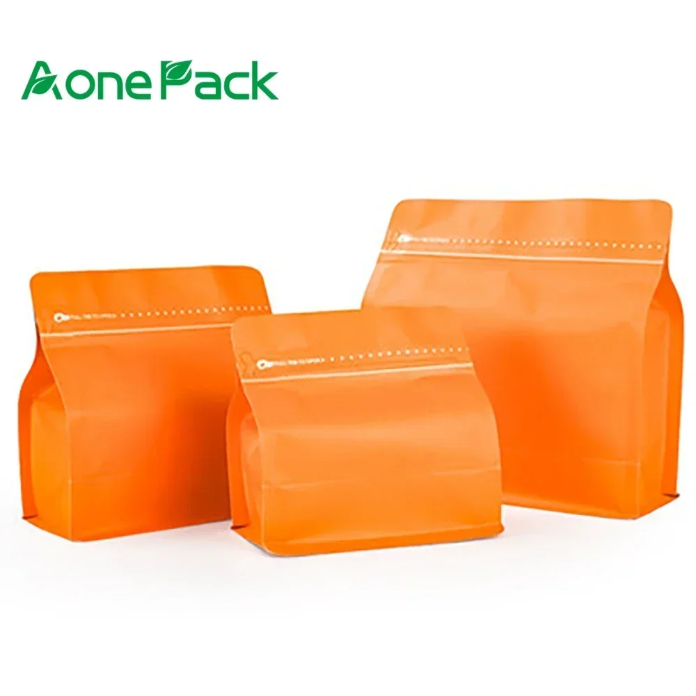 50pcs Matt Orange Block Bottom 150g 250g 500g Coffee Bean Powder Tea Packaging Bag Aluminum Foil  Snack Nuts Rice Pet Food Pouch