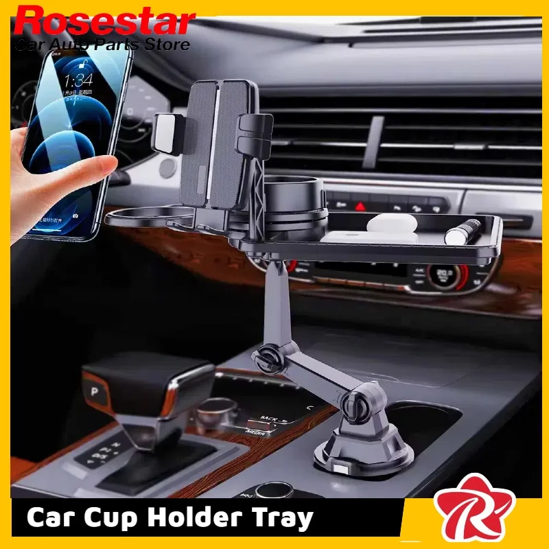 

Car Cup Holder Tray - Detachable Multi-Function Organizer with Phone Stand, Snack Table & Expandable Drink Holder