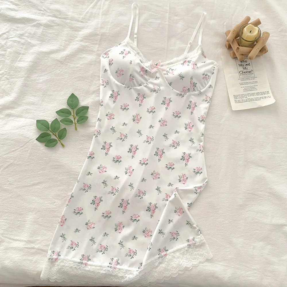 

Summer Women's Sexy Floral Lace Trim Nightgowns Suspender Nightdress Y2K Bodycon Sleepshirt Spaghetti Strap Sleeping Dress
