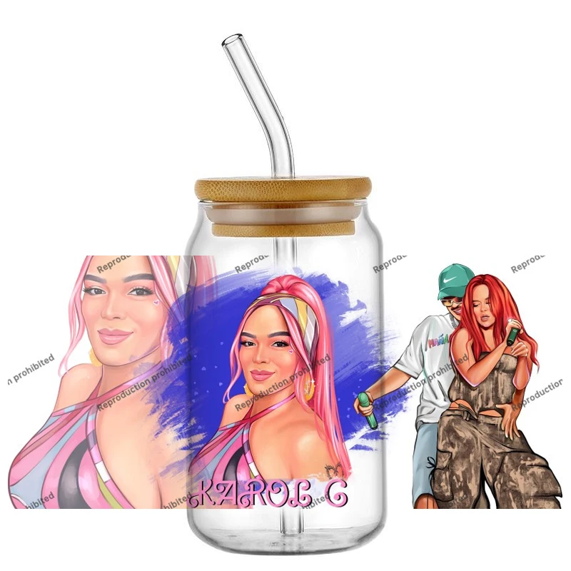 famous Rap female singer UV DTF Cup Wrap Cartoon Libbey Glass Beer Can Tumbler Transfer Stickers Waterproof Permanent Adhesive