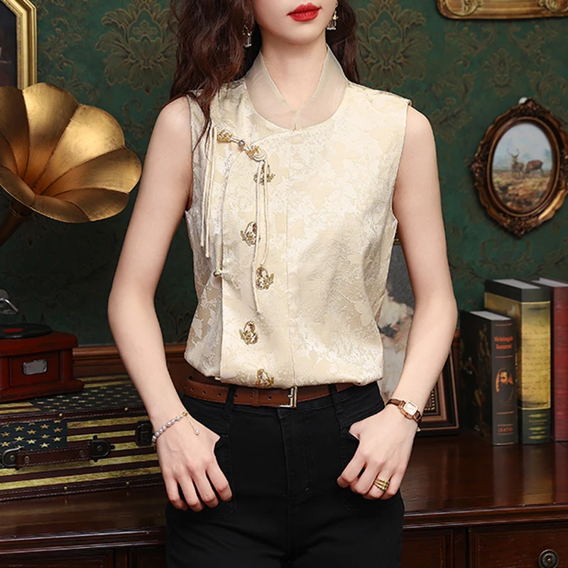 Women Vintage Chinese Style Stand Collar Elegant Shirt 2024 Summer Satin Jacquard Sleeveless Blouse Casual Slim Chic Tops Blusas