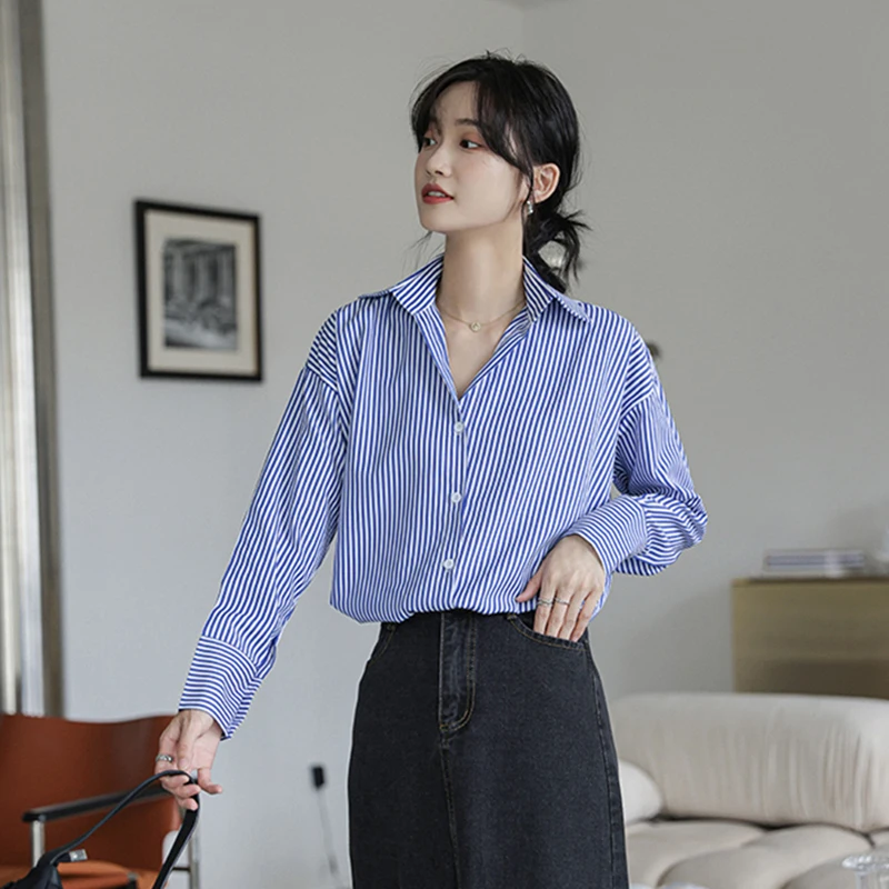 Blue Striped Women Shirts Korean Retro Cotton Loose Long Sleeve Female Casual Blouse Autumn New Office All Match Ladies Top