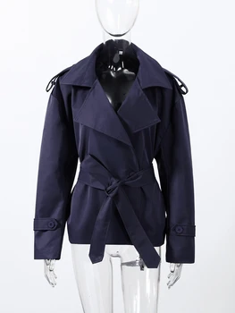 Women's Short Trench Coat Single Breasted Lapel Collar Belted Waist Long Sleeve Jacket Casual Daily Commute Office Fashion Coat