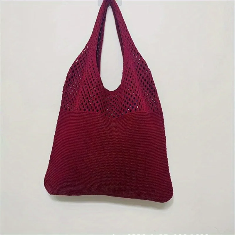Ästhetische, ausgehöhlte Häkel tasche, Umhängetasche mit großer Kapazität, einfache gestrickte Einkaufstasche für Frauen – Detail 17