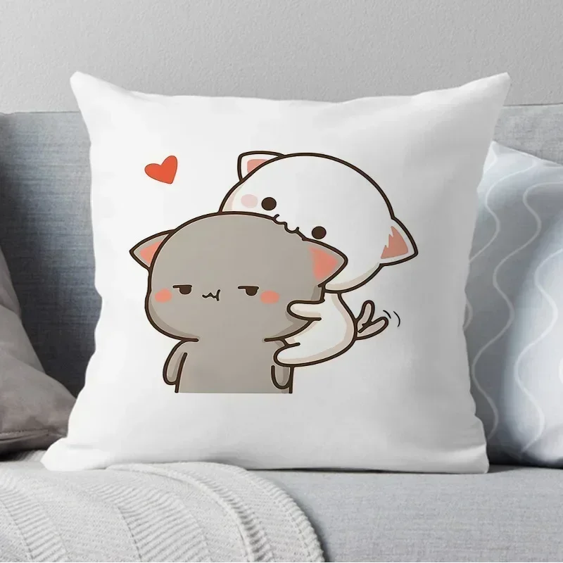 45*45CM Kawaii Mocha Mochi Peach Cat Pillowcases Cute Peach and Goma Throw Pillow Case Home Decor Sofa Car Waist Cushion Cover