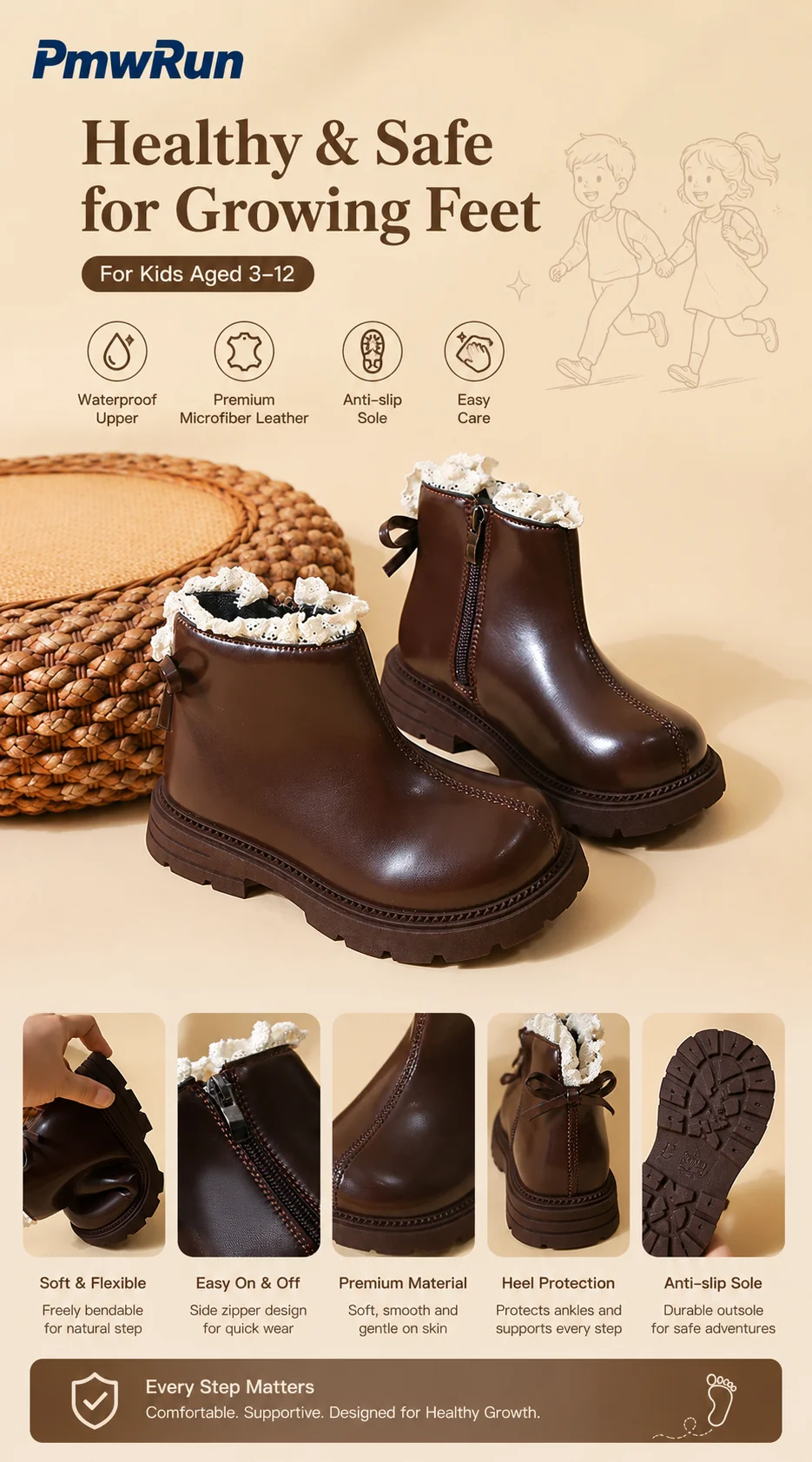 2026 Herbststiefel für Mädchen aus PU-Leder, wasserdichte Kinder-Freizeitstiefel, rutschfeste Prinzessinnen-Plateau-Stiefel, modische Stiefel – Detail 2